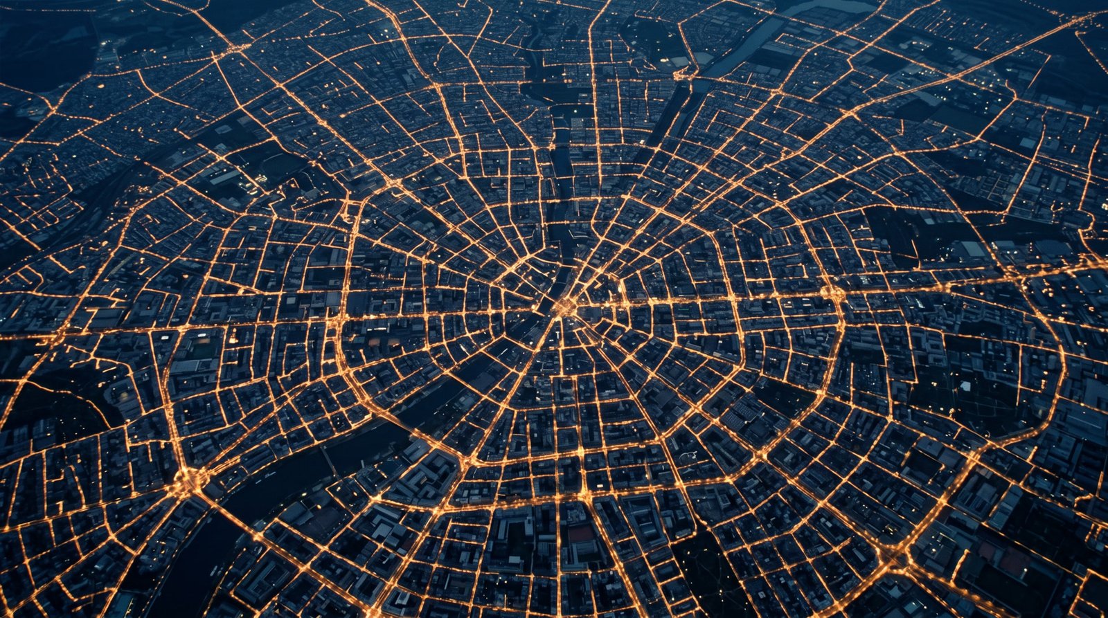 Berliner Straßennetz bei Nacht aus der Höhe